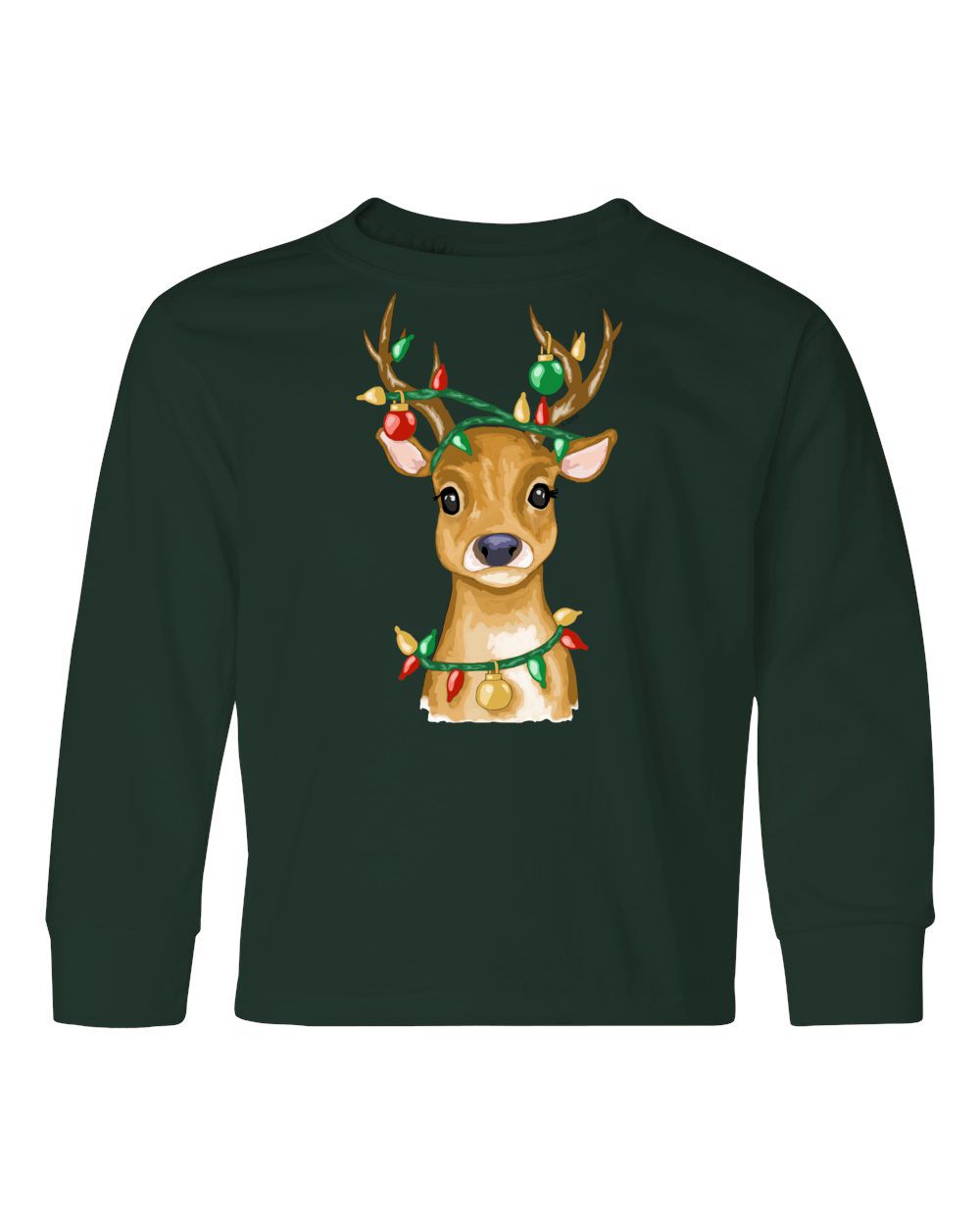 COREY'S REINDEER ON YOUTH FOREST GREEN LONG SLEEVE TSHIRT