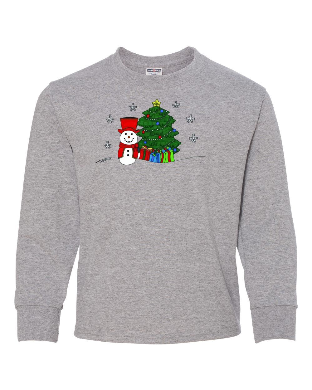 COREY'S SNOWMAN & CHRISTMAS TREE ON YOUTH ATHLETIC GRAY LONG SLEEVE