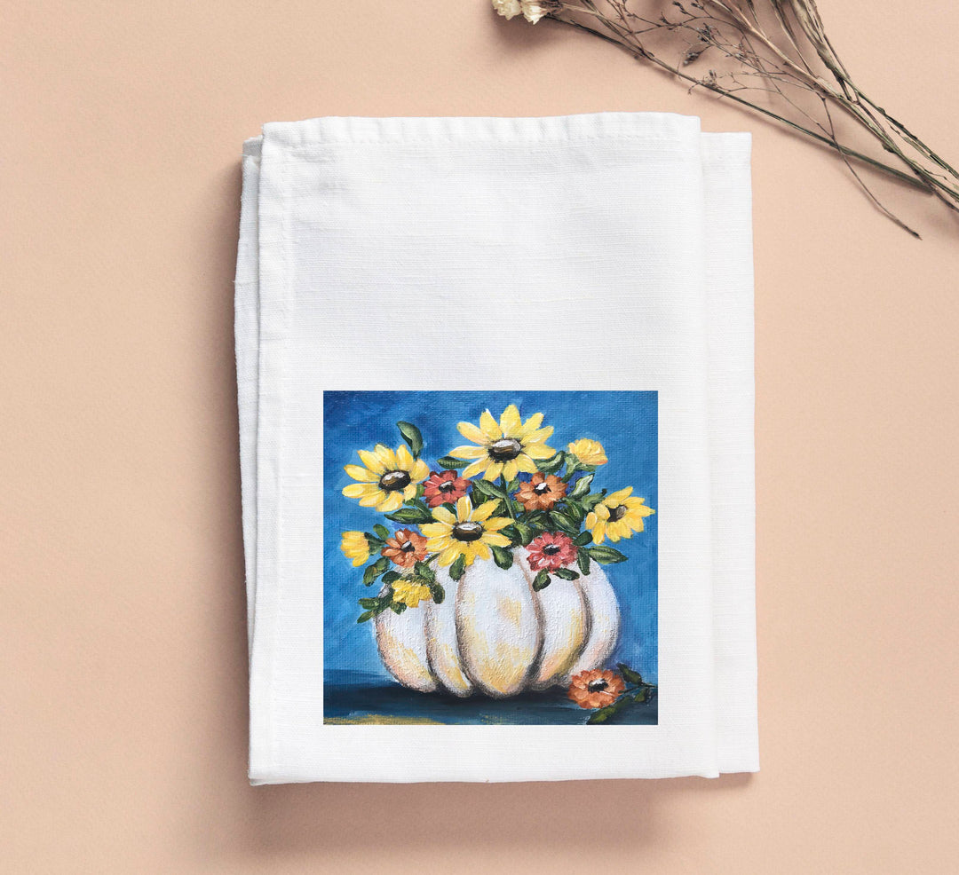 Kristie White Pumpkin With Flowers Tea Towel