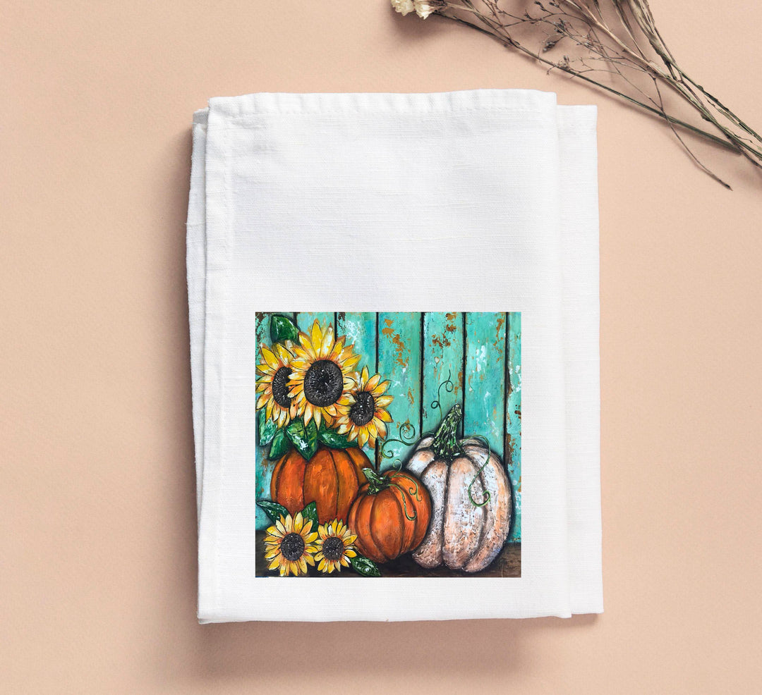 Kristie Orange White Pumpkin Turquoise Tea Towel