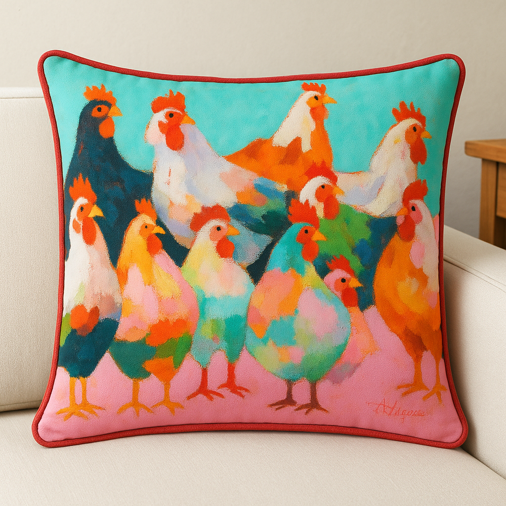 JULIA FLOCK OF CHICKENS SQUARE PILLOW