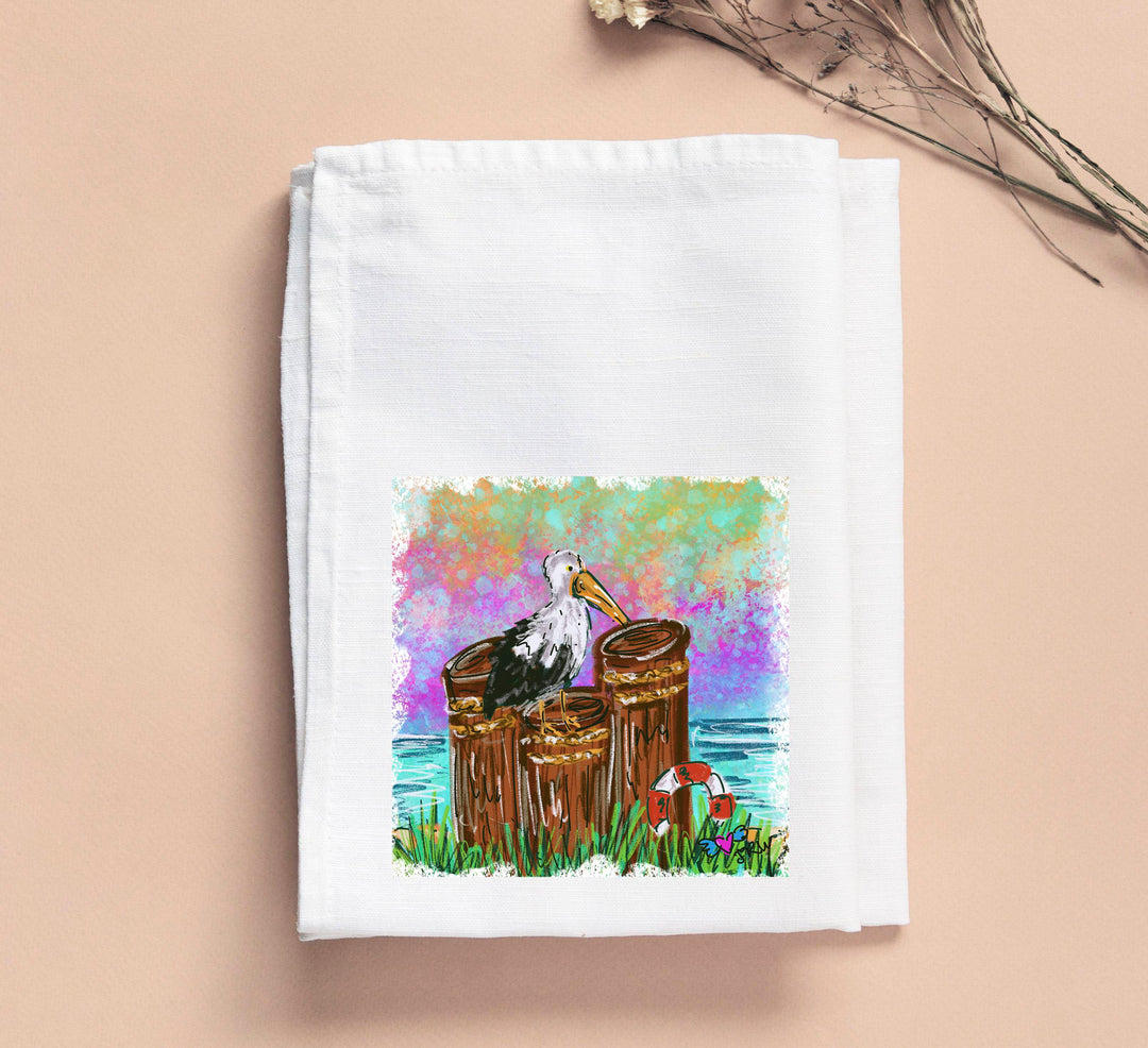 Jennie Seagull On Pilings Tea Towel