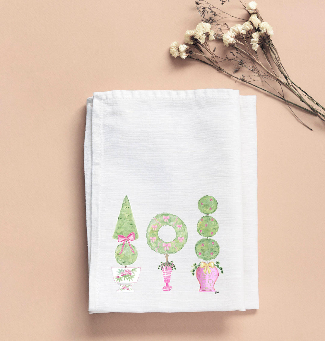 Laura Pink Topiaries Tea Towel