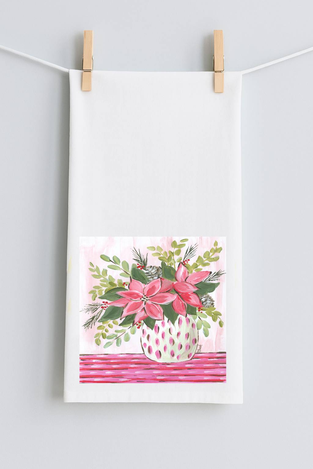 Haley Pink And Red Poinsettia Vase Tea Towel