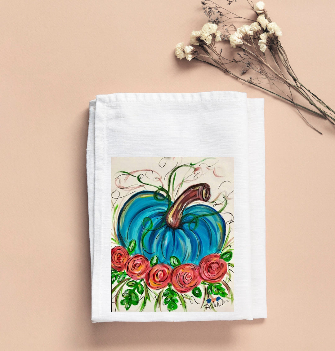 Turquoise Pumpkin Roses Tea Towel