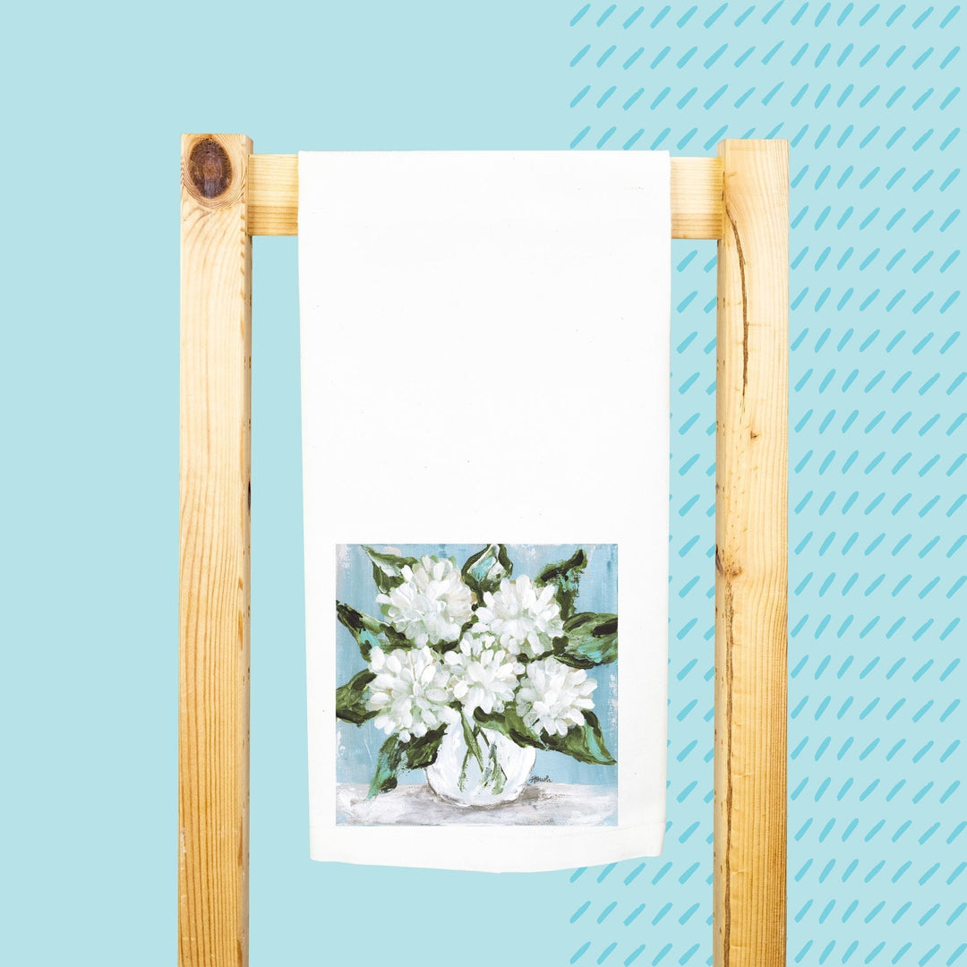 White Hydrangeas Blue Tea Towel