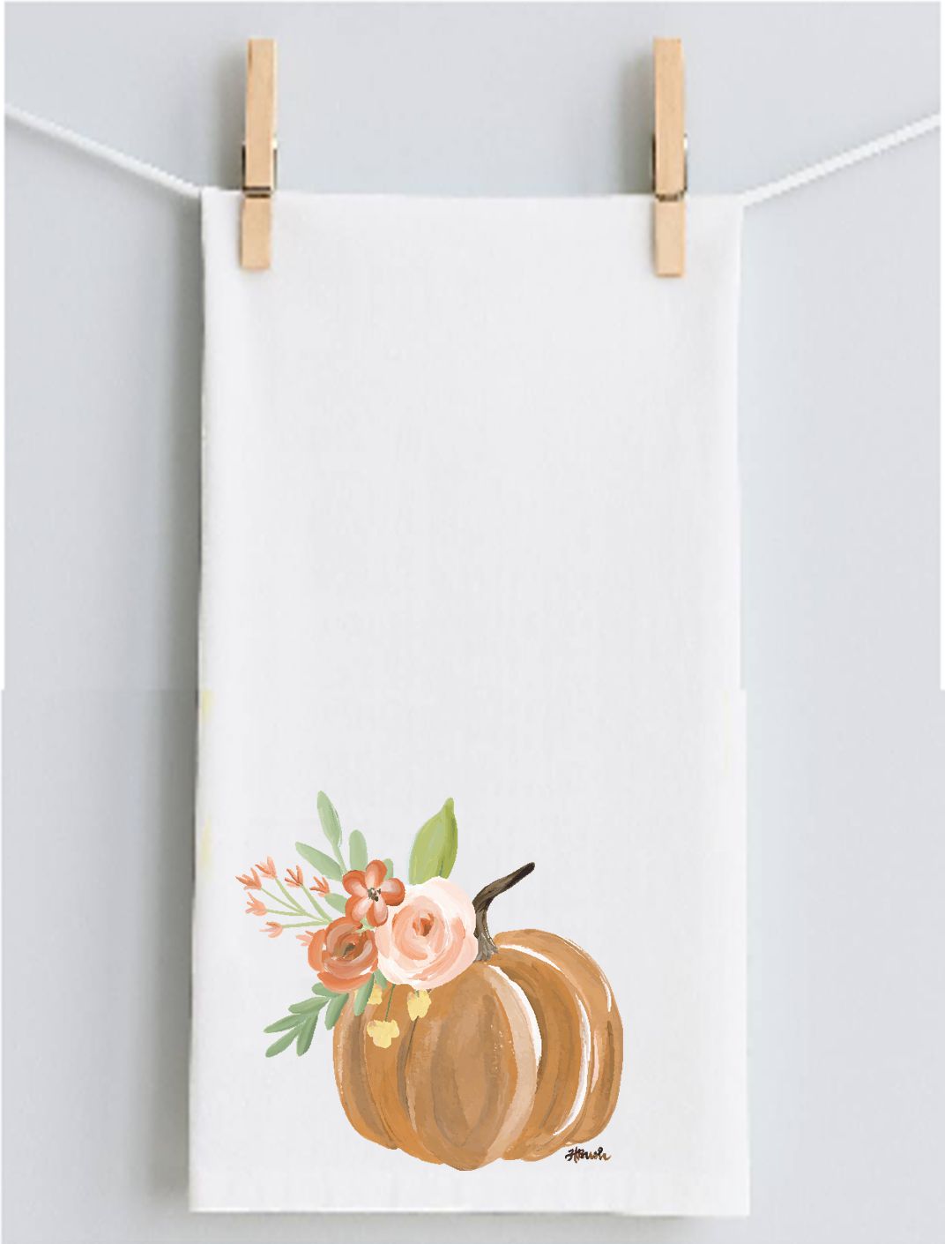 Haley's Orange Pumpkin with Flowers Tea Towel