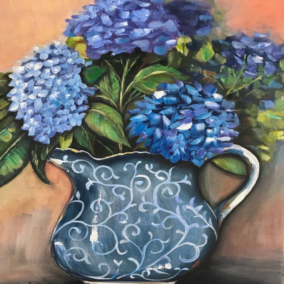 Kristies  Hydrangeas in Blue Printed Pitcher Tea Towel