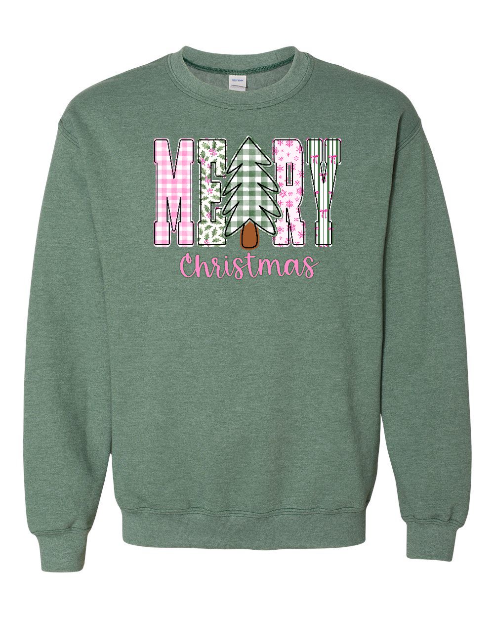 Merry Patchwork Christmas Heather Dark Green Sweatshirt