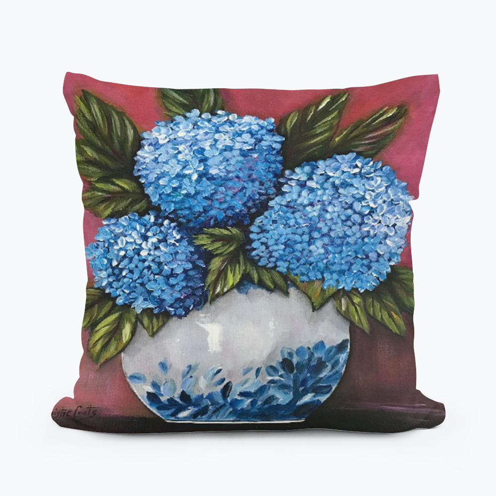 Kristies Ceramic Vase Hydrangea Square Pillow