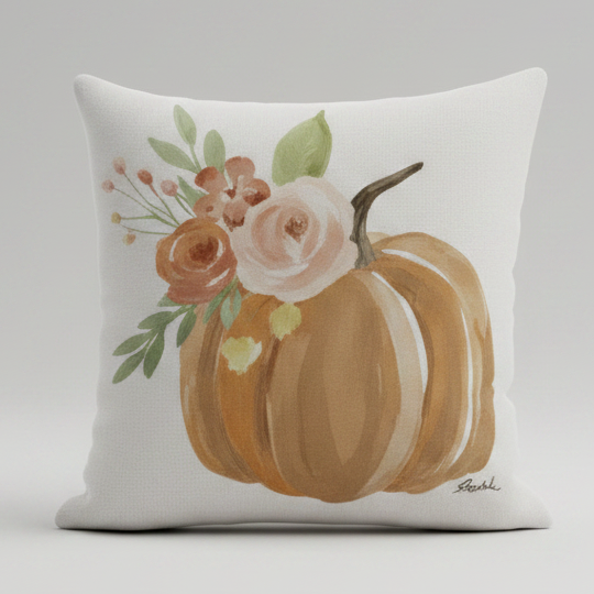 Decorative pillow with a pumpkin and floral design on a white background