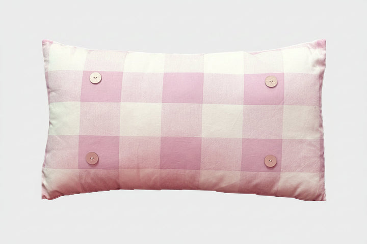 Baby Pink Buffalo Plaid Luckybird Lumbar Button Pillow