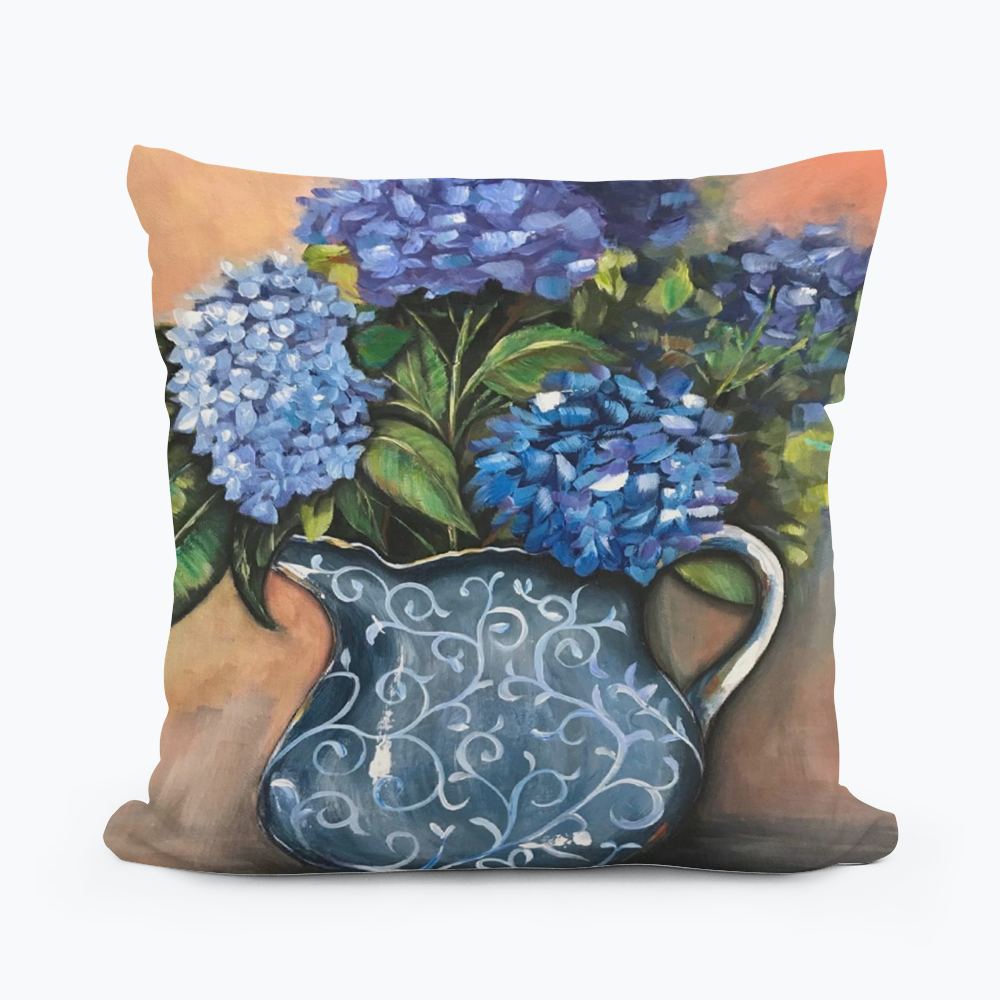 Kristie's Hydrangeas in Blue Printed Pitcher Square Pillow
