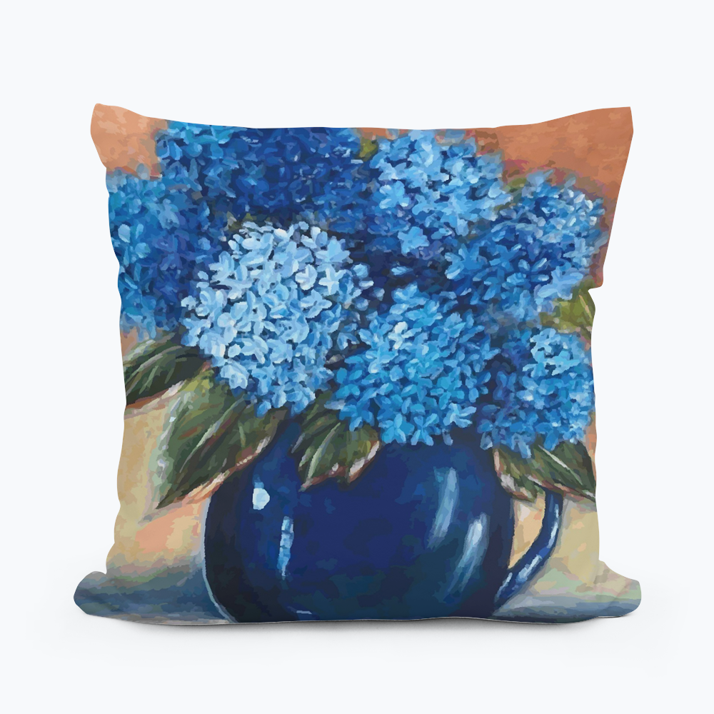 Kristie's Solid Blue Pitcher and Hydrangeas Square Pillow